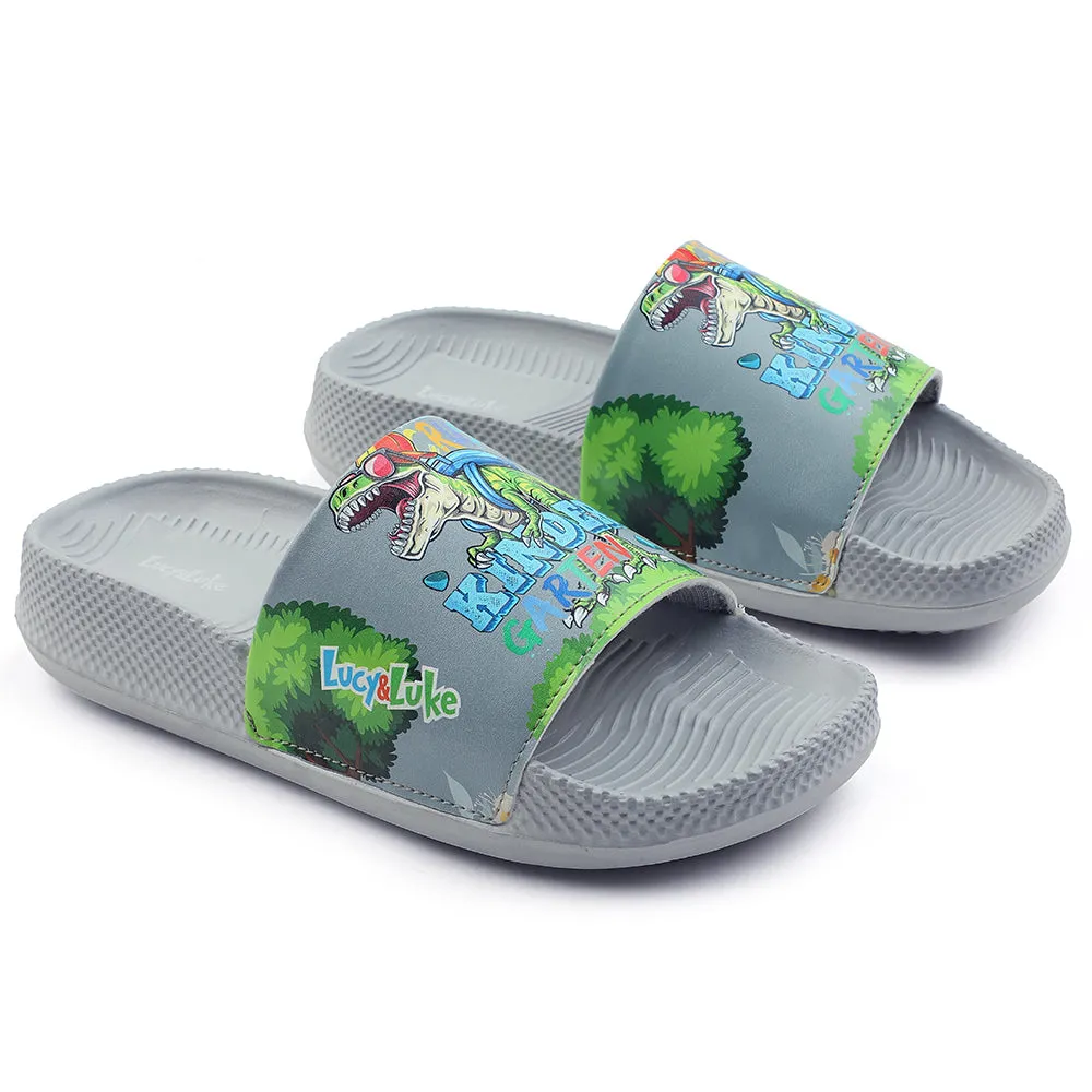 Lucy & Luke Casual Grey Printed Slides For Kids CONNER-2E By Liberty