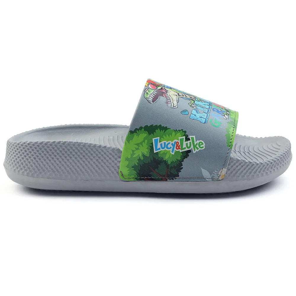 Lucy & Luke Casual Grey Printed Slides For Kids CONNER-2E By Liberty