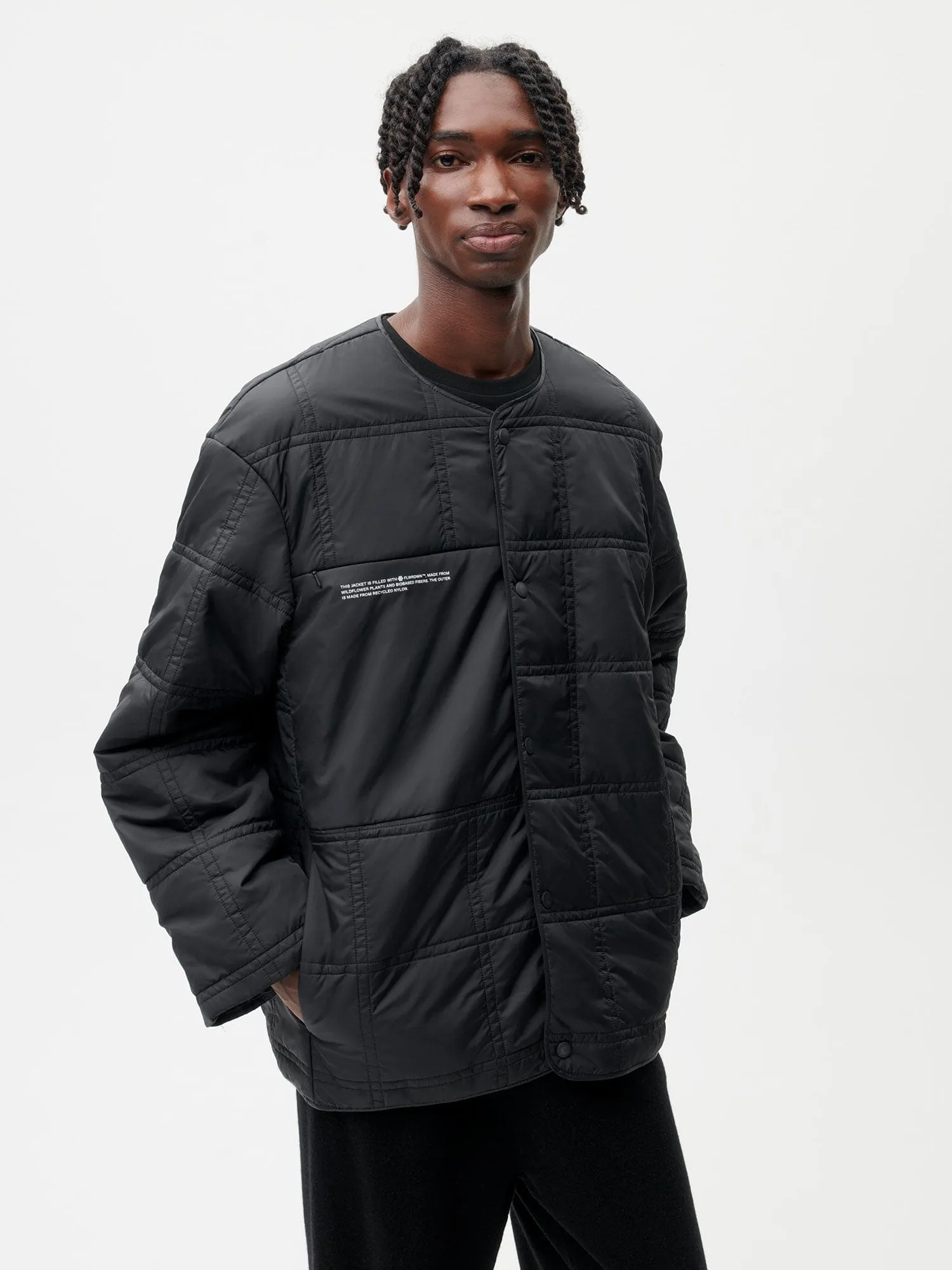 Mens Flower-Warmth Quilted Collarless Jacket —black