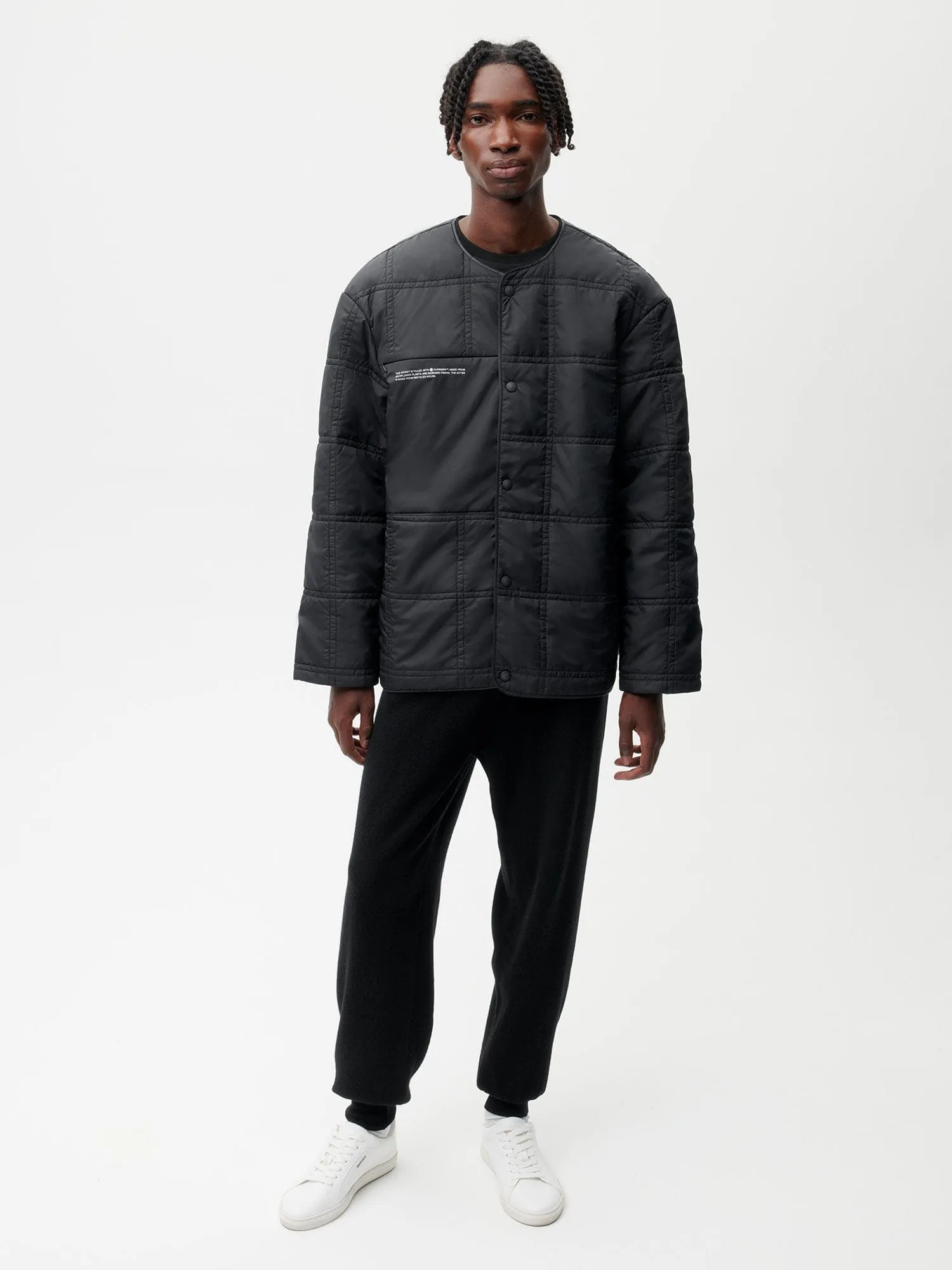 Mens Flower-Warmth Quilted Collarless Jacket —black