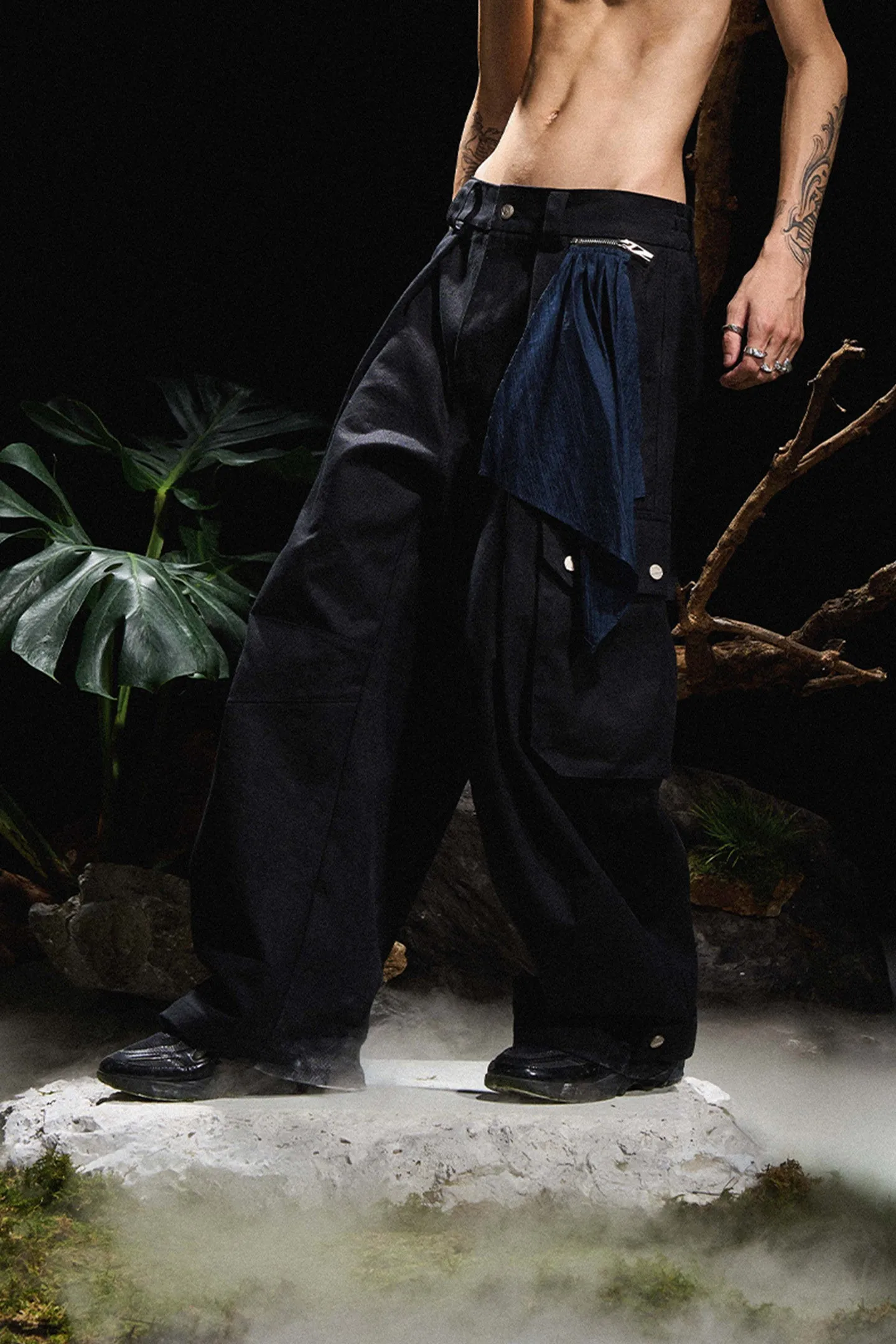 Removable Scarf Pleated Silhouette Trousers