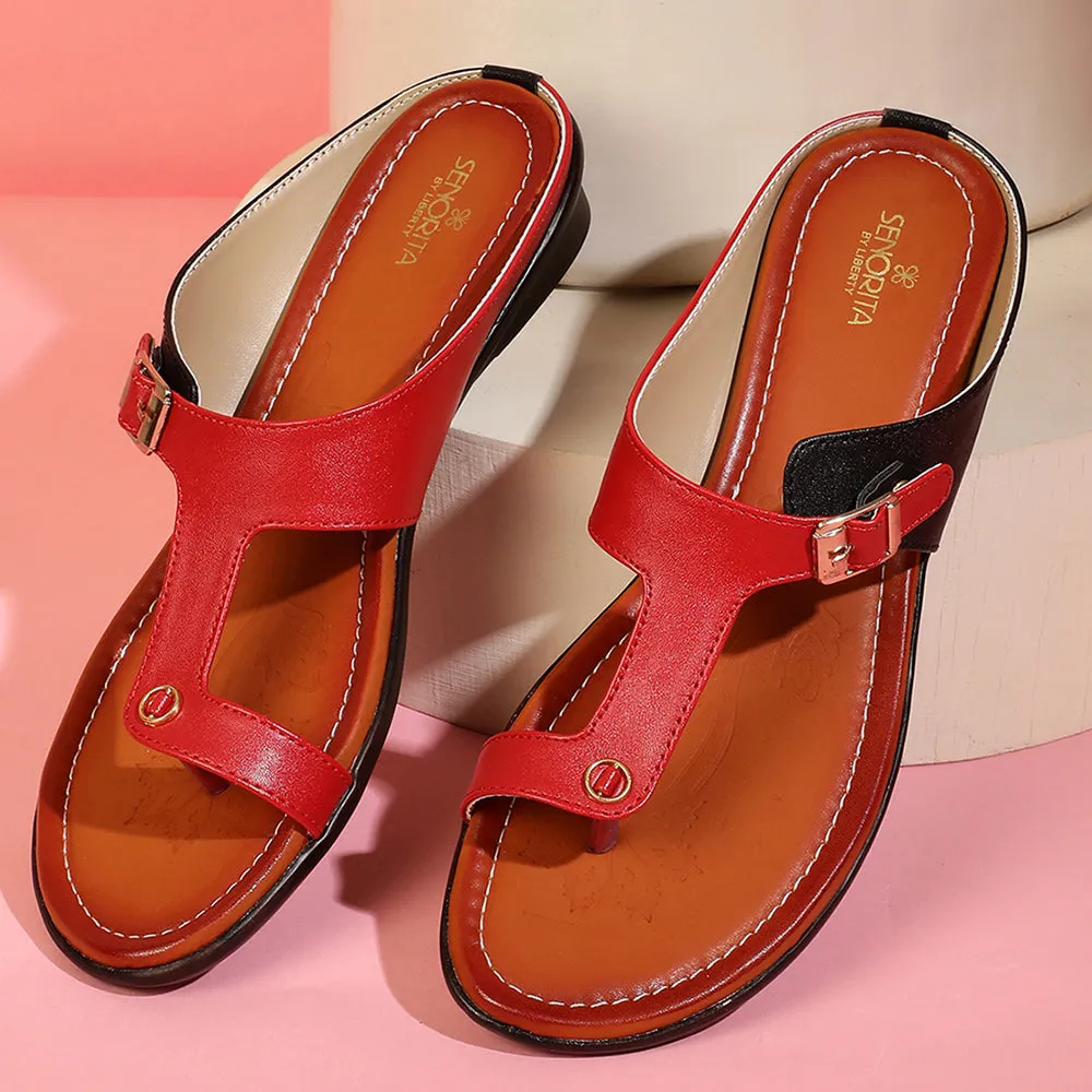 Senorita Red Ethnic Toe Ring Slippers For Women D1-06 By Liberty