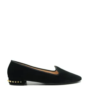 Spain Co Black Velvet Studded Heel Flat