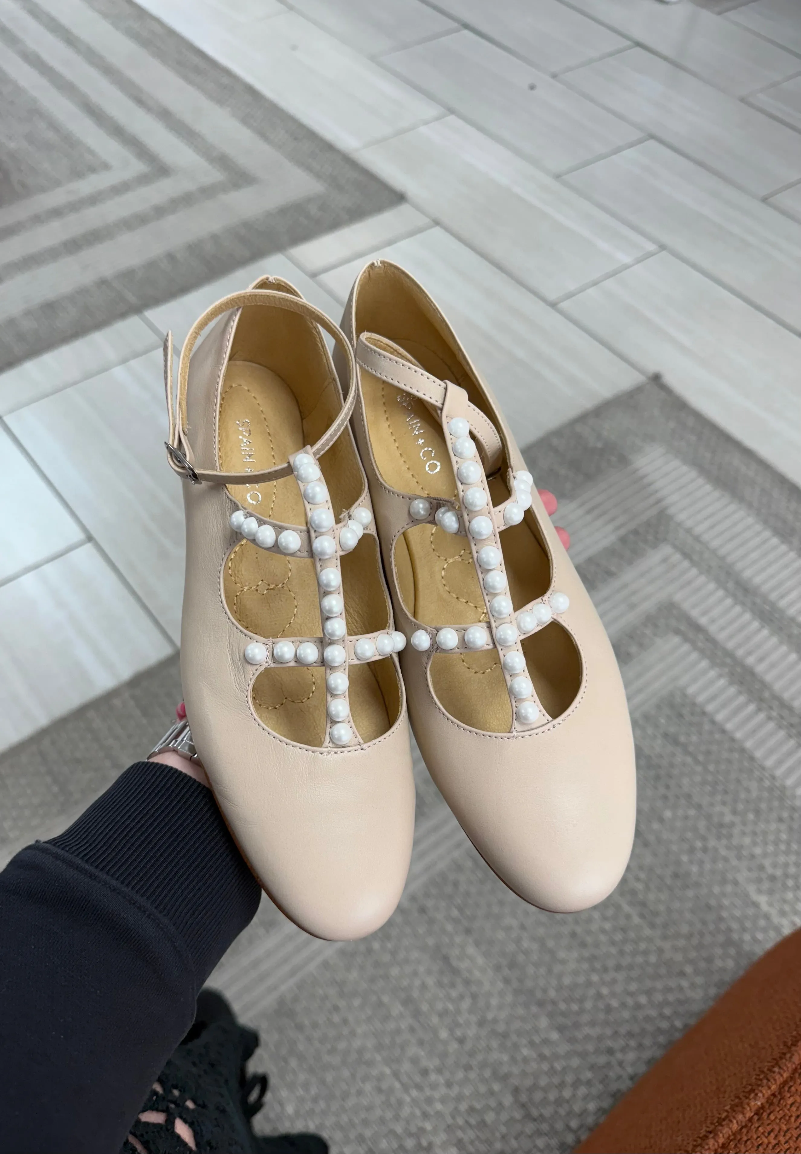 Spain Co Nude Pearl T Strap Mary Jane