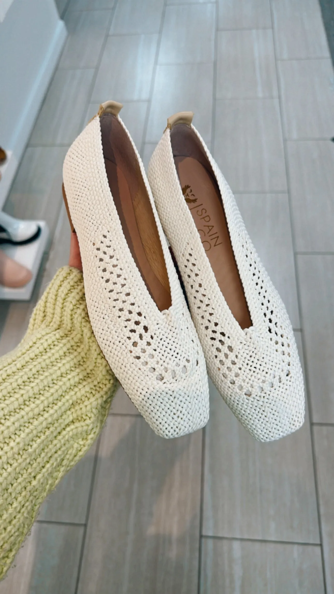 Spain Co Off White Crochet Square Toe Flat