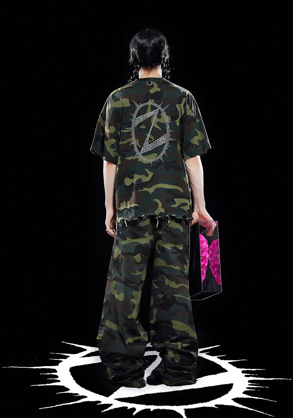 ZOZOKILLA Camouflage T-shirt with Frayed Edge and Hot-fixed Studs
