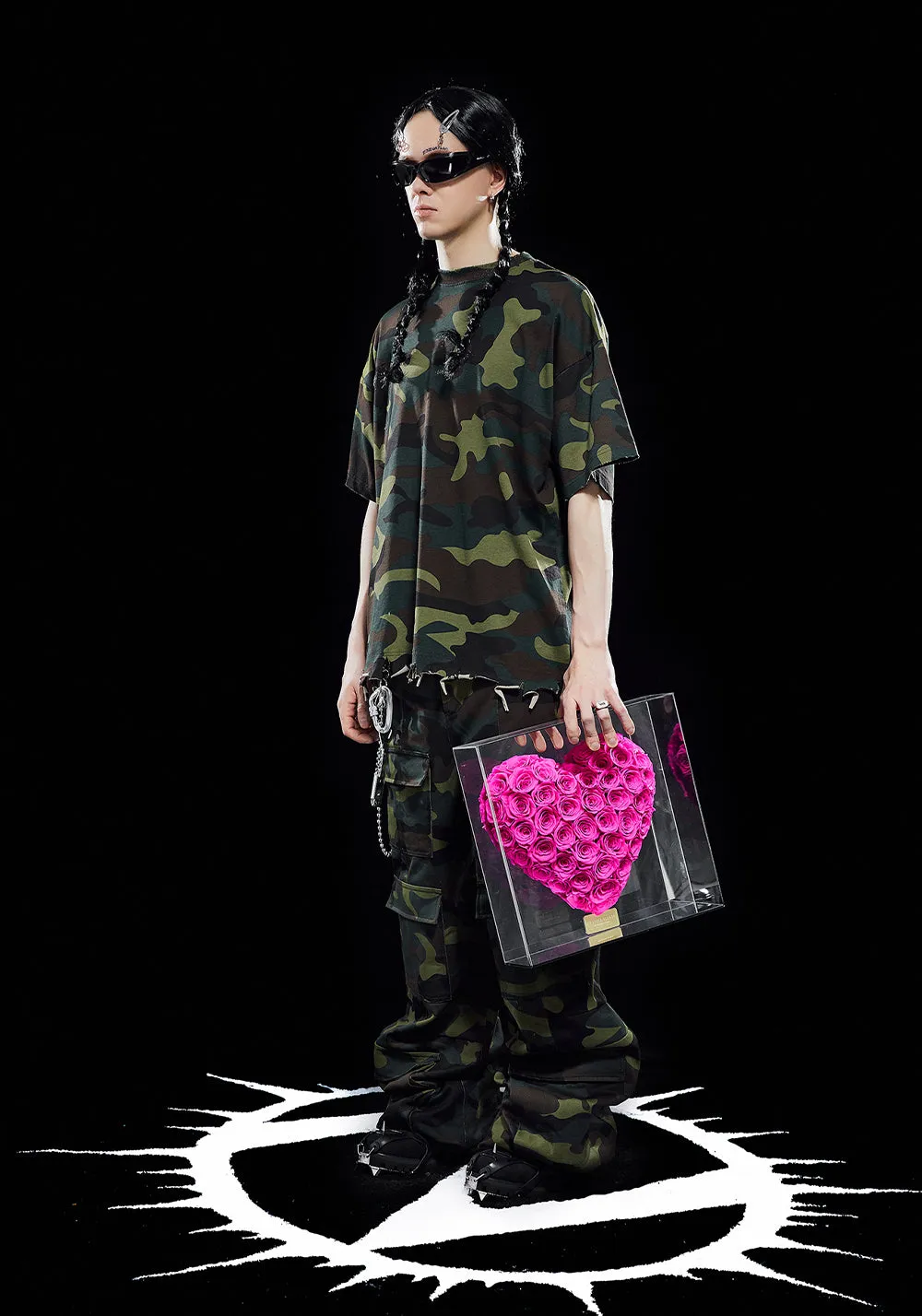 ZOZOKILLA Camouflage T-shirt with Frayed Edge and Hot-fixed Studs