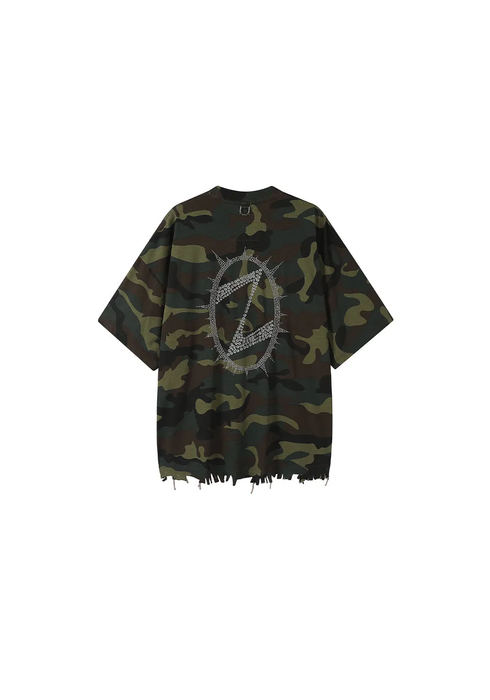 ZOZOKILLA Camouflage T-shirt with Frayed Edge and Hot-fixed Studs