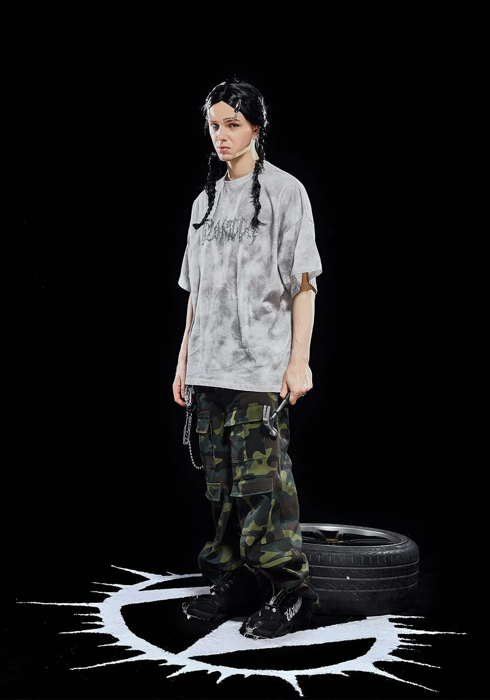 ZOZOKILLA Dirty White T - shirt with Gothic Font Hot - fixed Studs